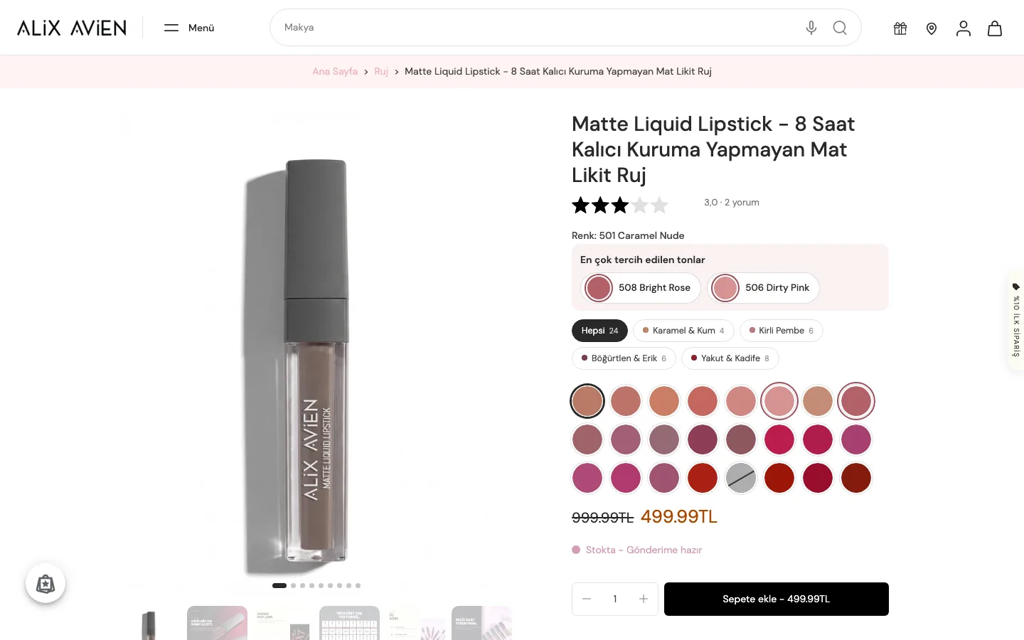 Alix Avien lipstick product page with colour families and a shade grid