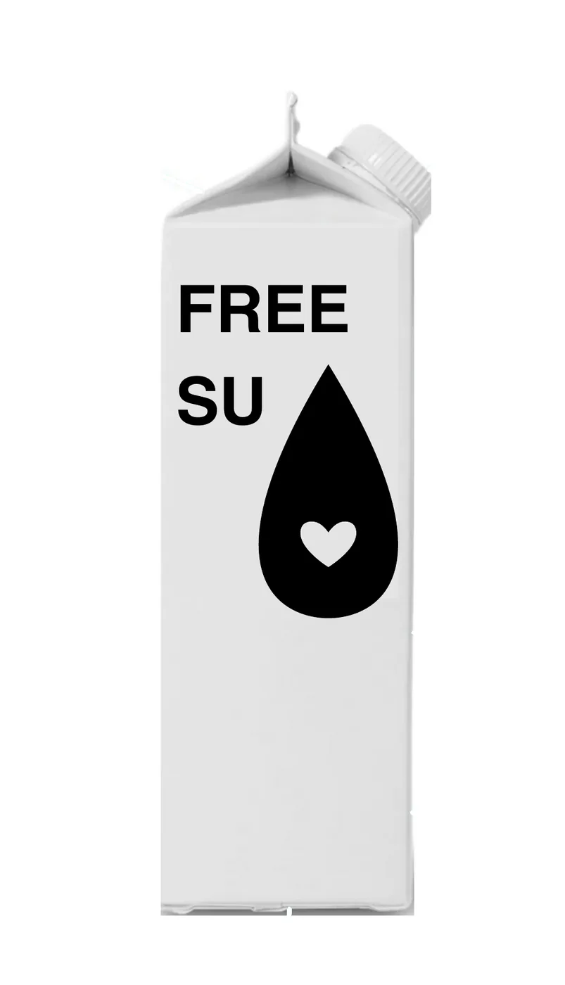The FreeSU water carton design: white paper carton with the FREE SU drop mark
