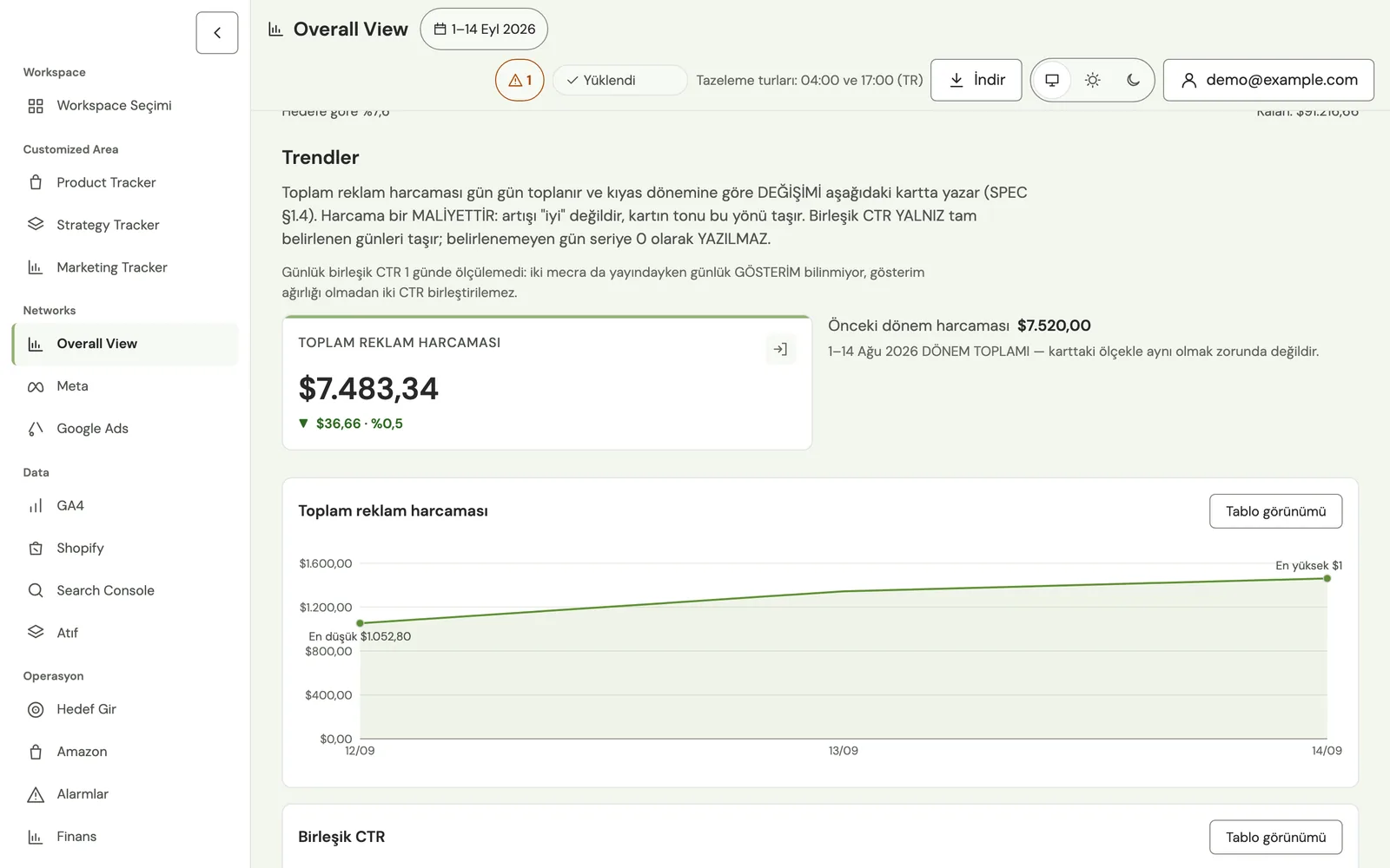 Overall view: total ad spend against the previous period, with the daily spend chart (demo data)