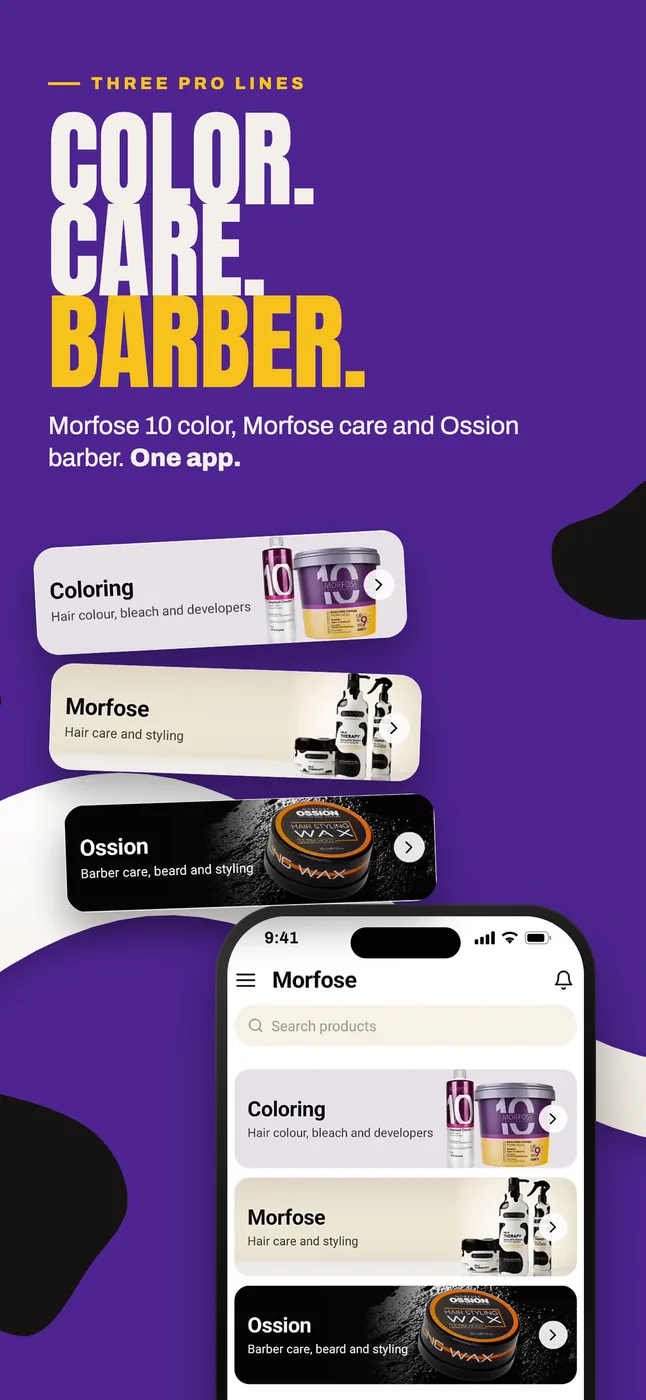 App Store frame: colour, care, barber — three pro lines