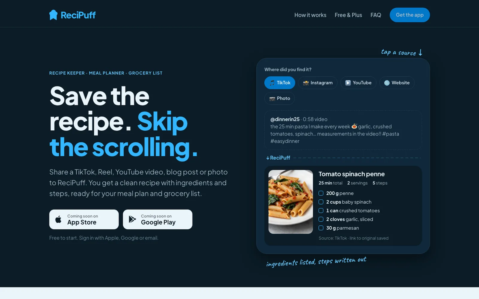 Recipuff — landing page of the app that saves recipes from videos
