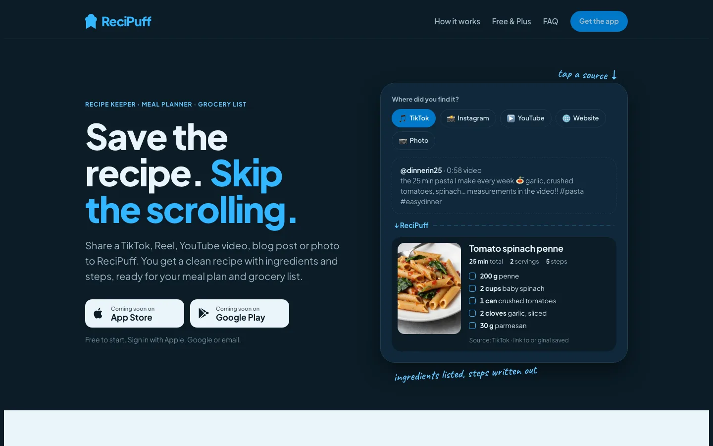 Recipuff landing page: save the recipe, skip the scrolling