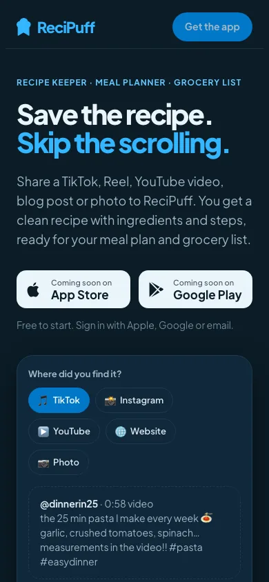 Recipuff landing page on a phone