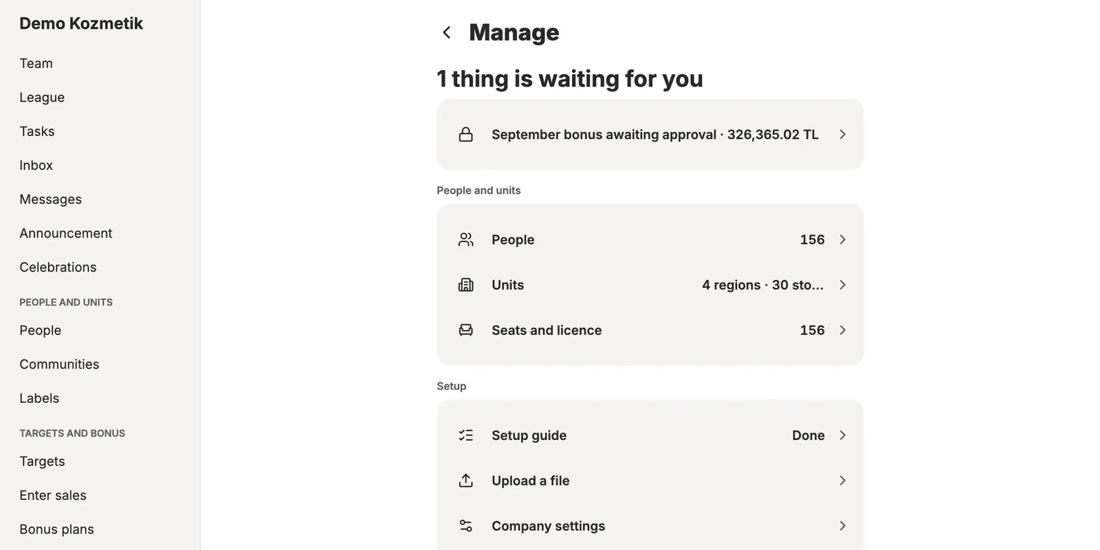 Admin screen: people, units and setup