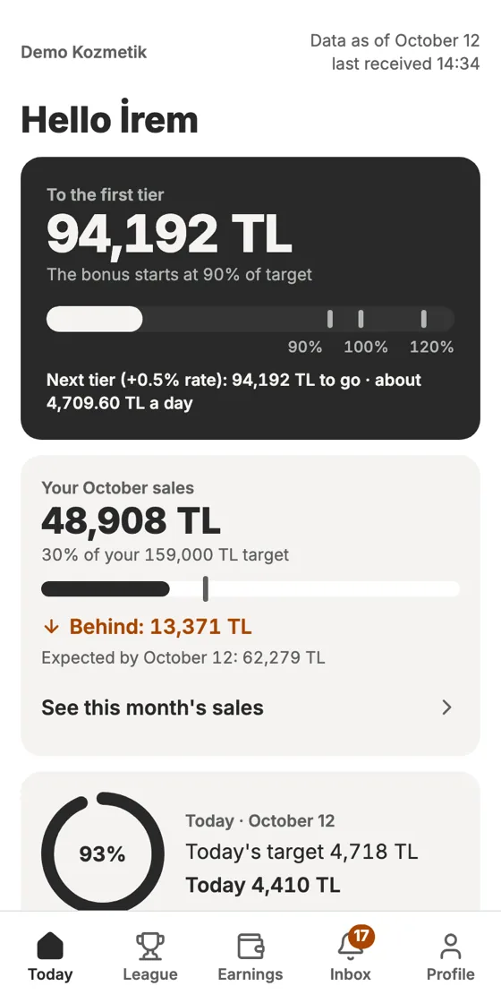 Mobile Today screen with target and bonus