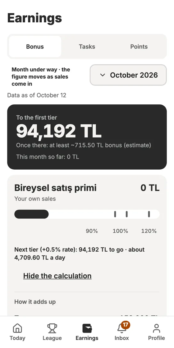 Mobile earnings screen with bonus tiers