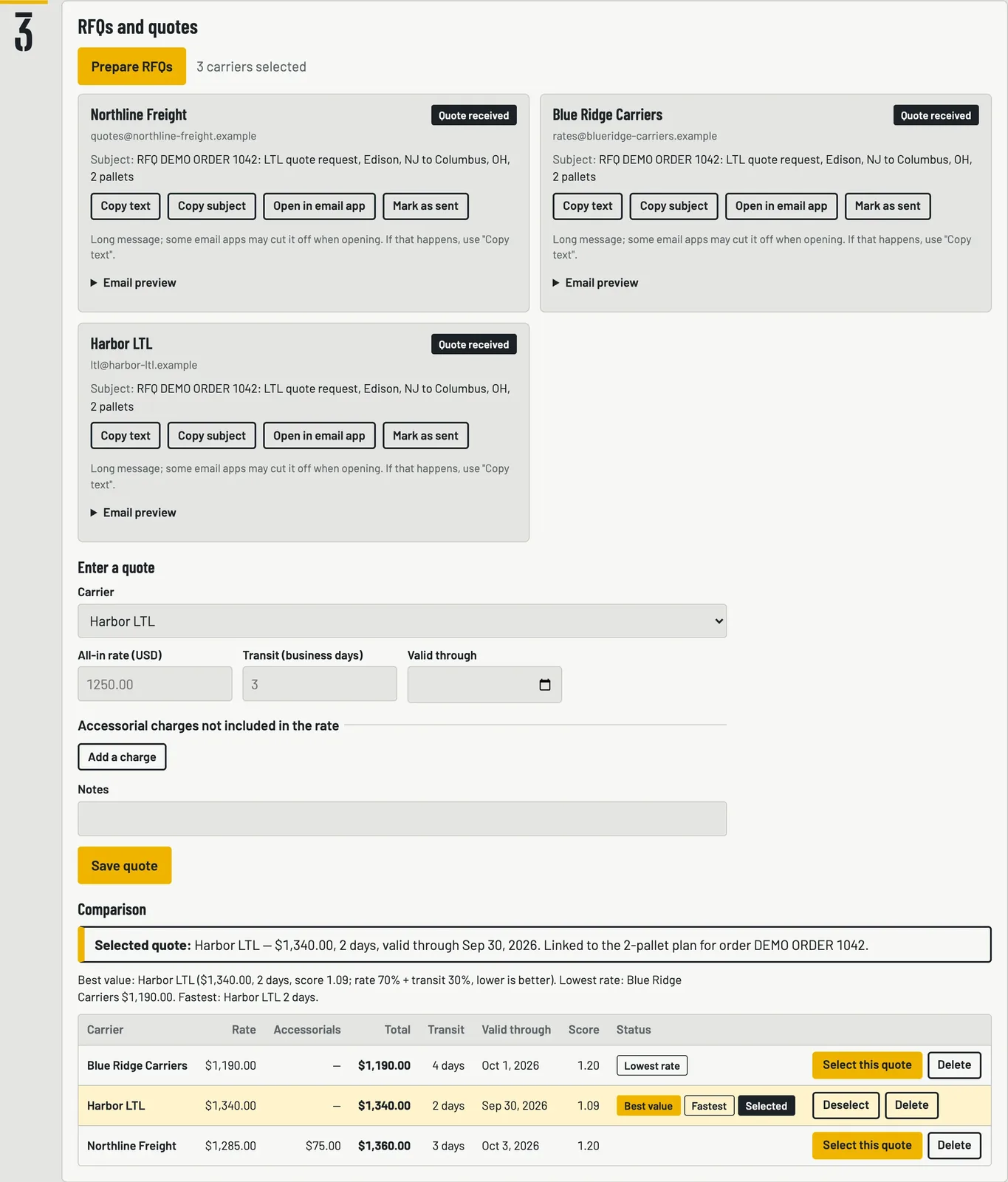 Freight quote requests and comparison with sample carriers