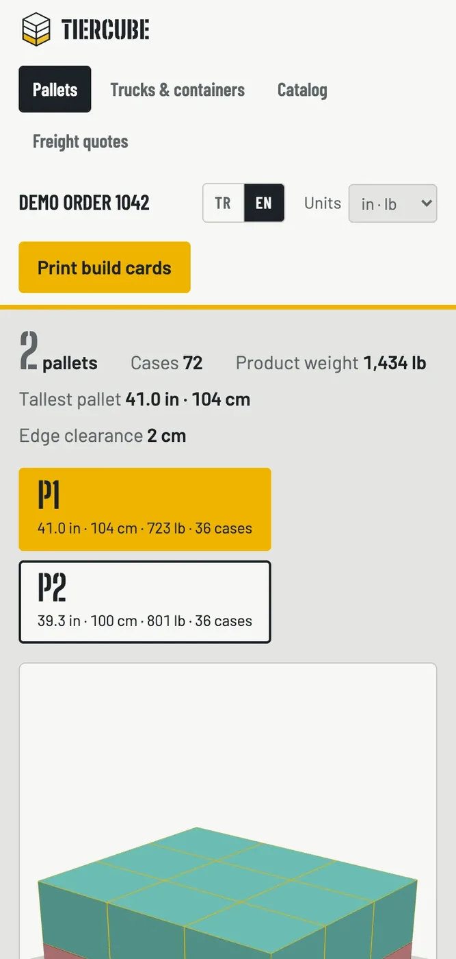 Tiercube on a phone: pallets and the 3D view
